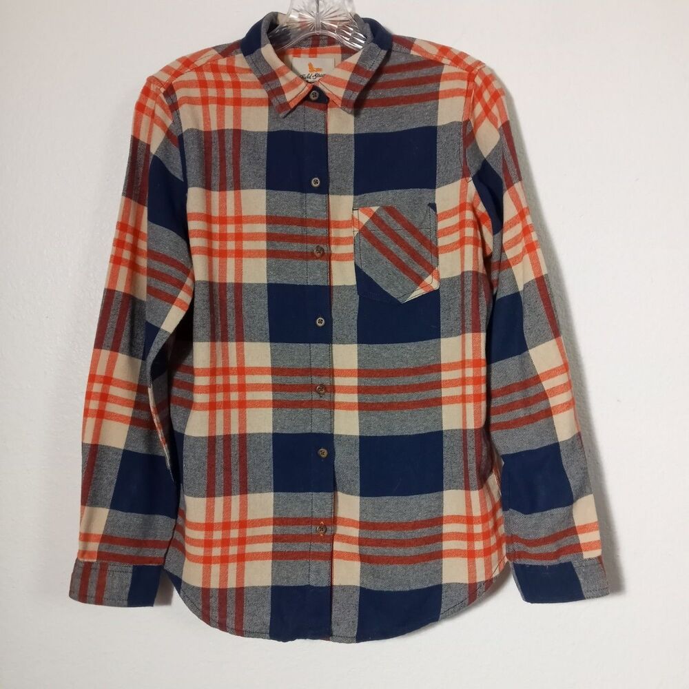 Vintage Field & Stream Y2K Plaid Flannel Shirt S M Orange Blue Button Front